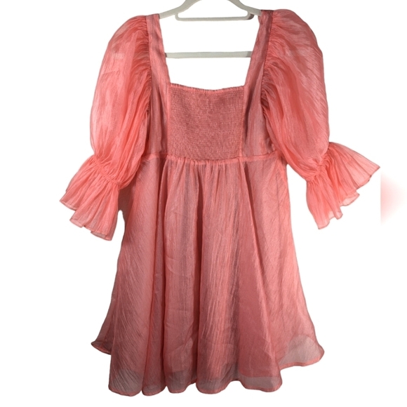 Buddy Love Coral Sheer Baby Doll Flirty Puff Sleeve Mini Fairycore Dress Size S - Picture 3 of 9